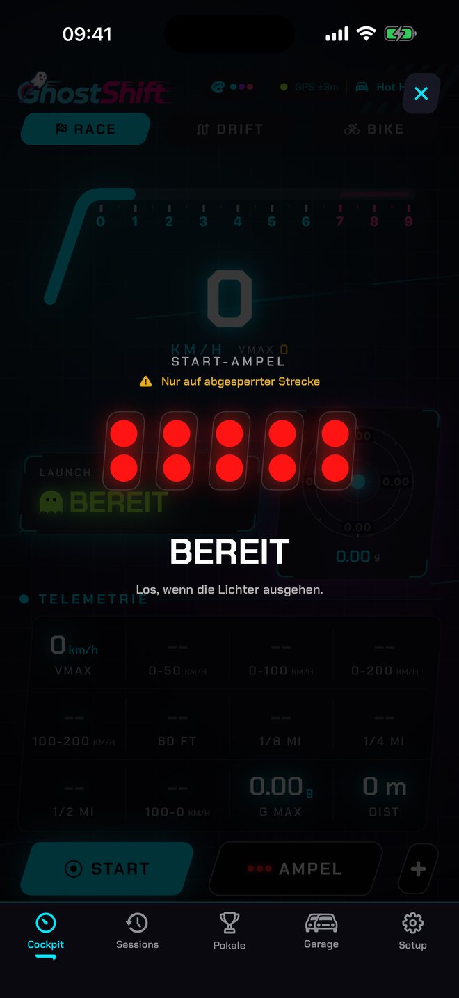 Start-Ampel mit fünf roten Lichtern über dem Cockpit