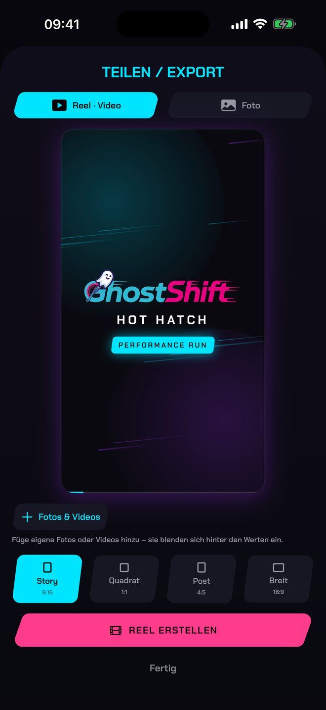 Teilen-Bildschirm mit dem Intro des Reels: GhostShift, Hot Hatch, Performance Run