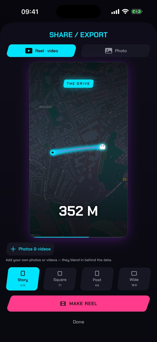Share screen with the driven route on the map