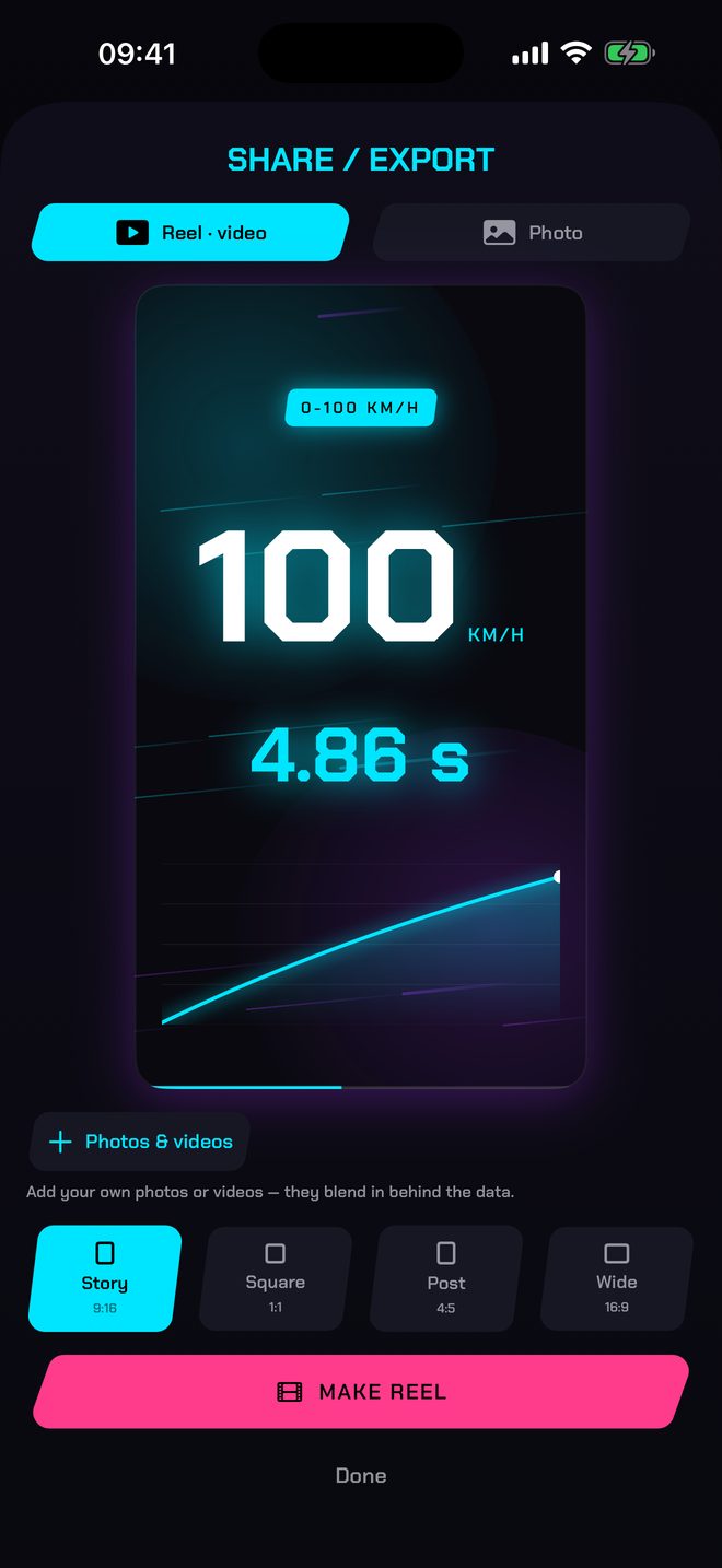 Share screen with an animated curve: 100 km/h in 4.86 seconds