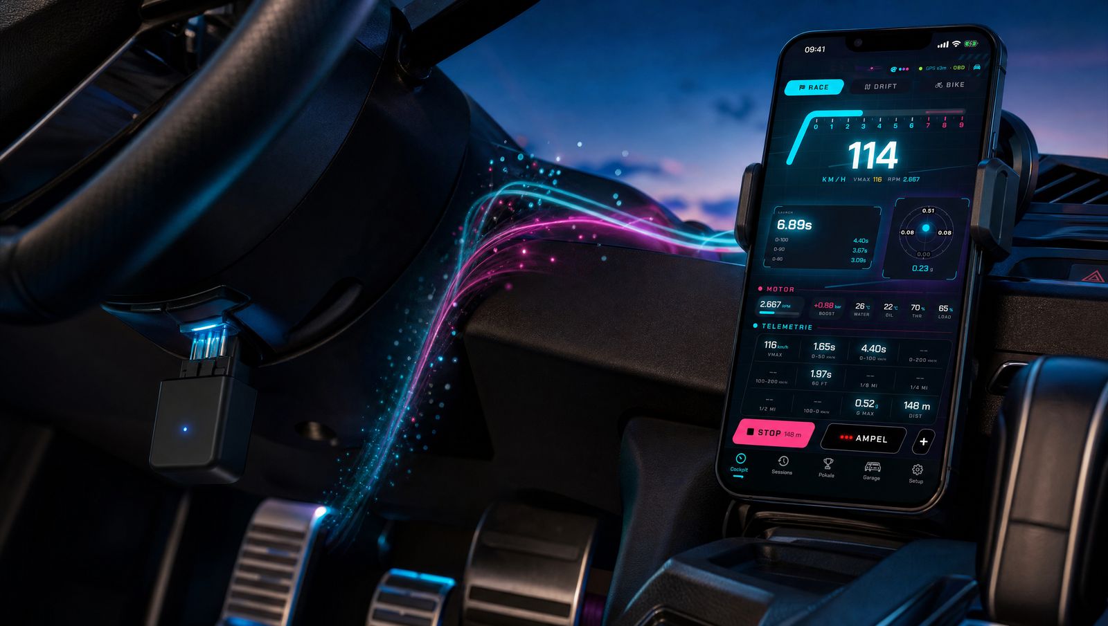 Ein OBD2-Adapter steckt in der Diagnosebuchse unter dem Lenkrad, leuchtende Datenspuren fließen zum iPhone am Armaturenbrett, das Drehzahl, Ladedruck und Temperaturen zeigt