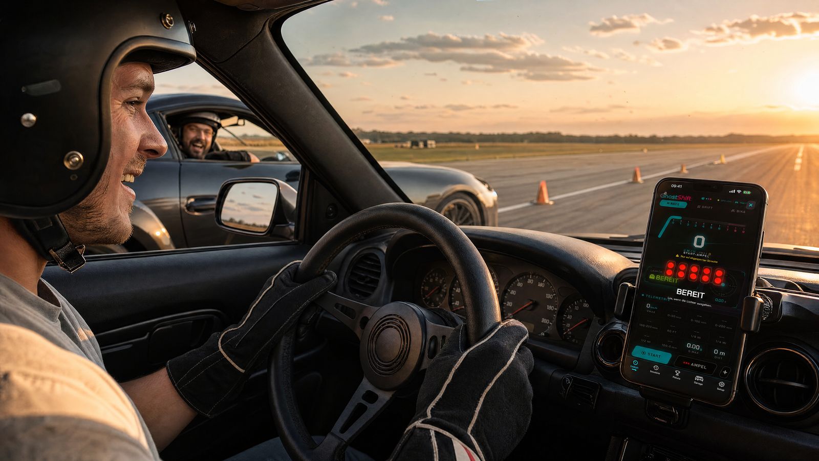 Fahrer mit Helm an der Startlinie, im Cockpit zeigt das iPhone die Start-Ampel mit fünf roten Lichtern