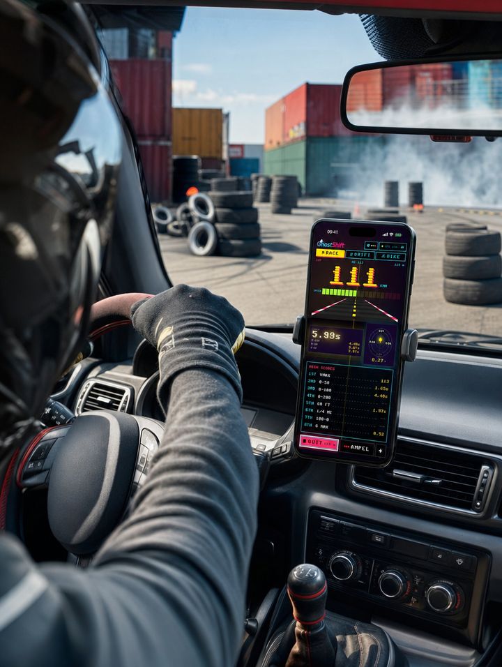 Gymkhana-Parcours zwischen Reifenstapeln und Containern, im Cockpit das iPhone mit dem Design Arcade