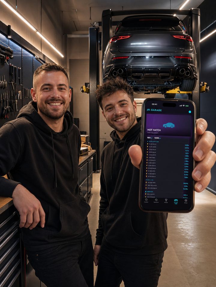 Zwei Freunde in der Garage vor einem Auto auf der Hebebühne, einer zeigt die Garage mit Bestzeiten