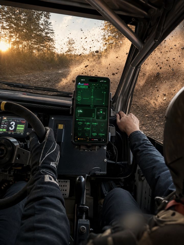 Rallyeauto quer auf einer abgesperrten Schotterpiste, das iPhone zeigt das Design Phosphor