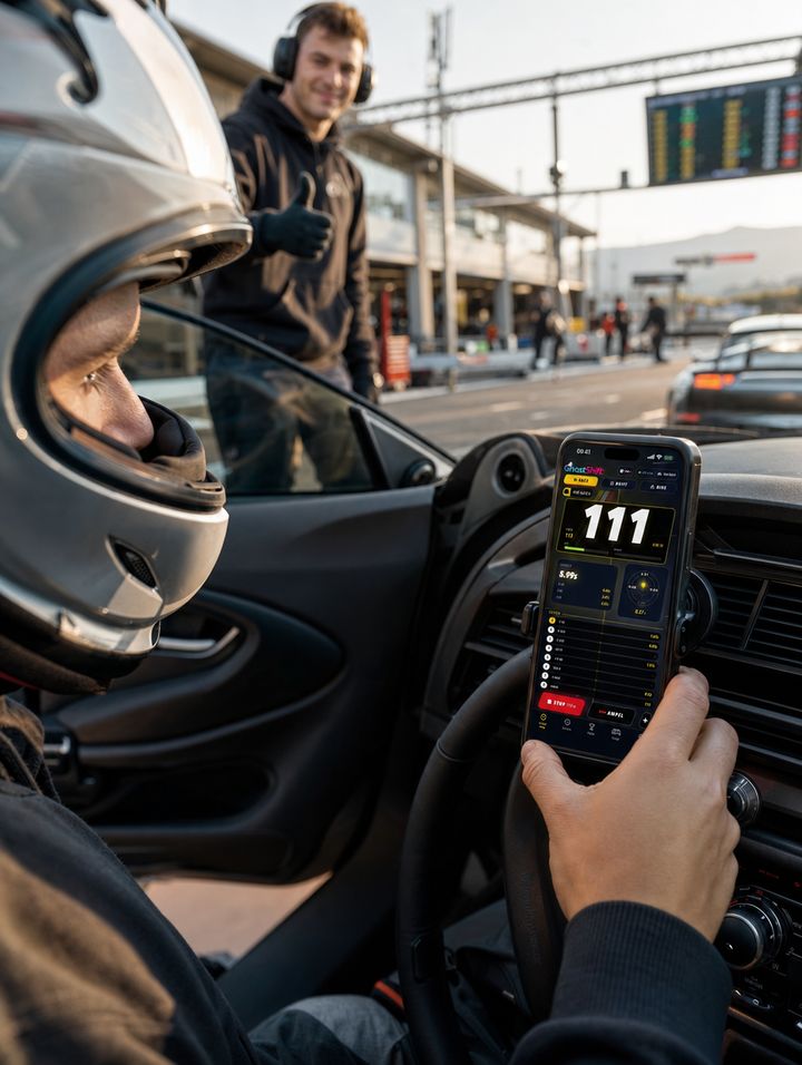 Boxengasse beim Trackday, der Fahrer setzt das iPhone mit dem Design Broadcast in die Halterung