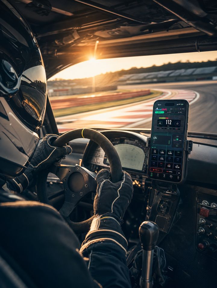 Trackauto mit Überrollkäfig bei Sonnenaufgang, über der Lenksäule das iPhone mit dem Design Paddock