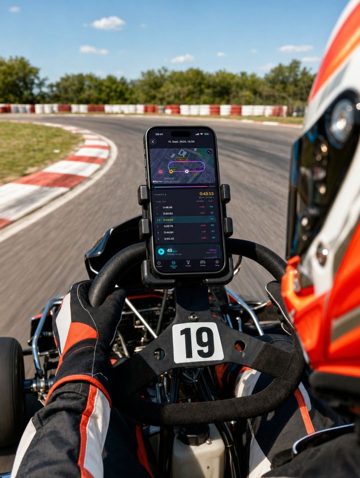 Ein Kart in der Kurve einer Outdoor-Kartbahn, am Lenkrad das iPhone mit der Rundenliste