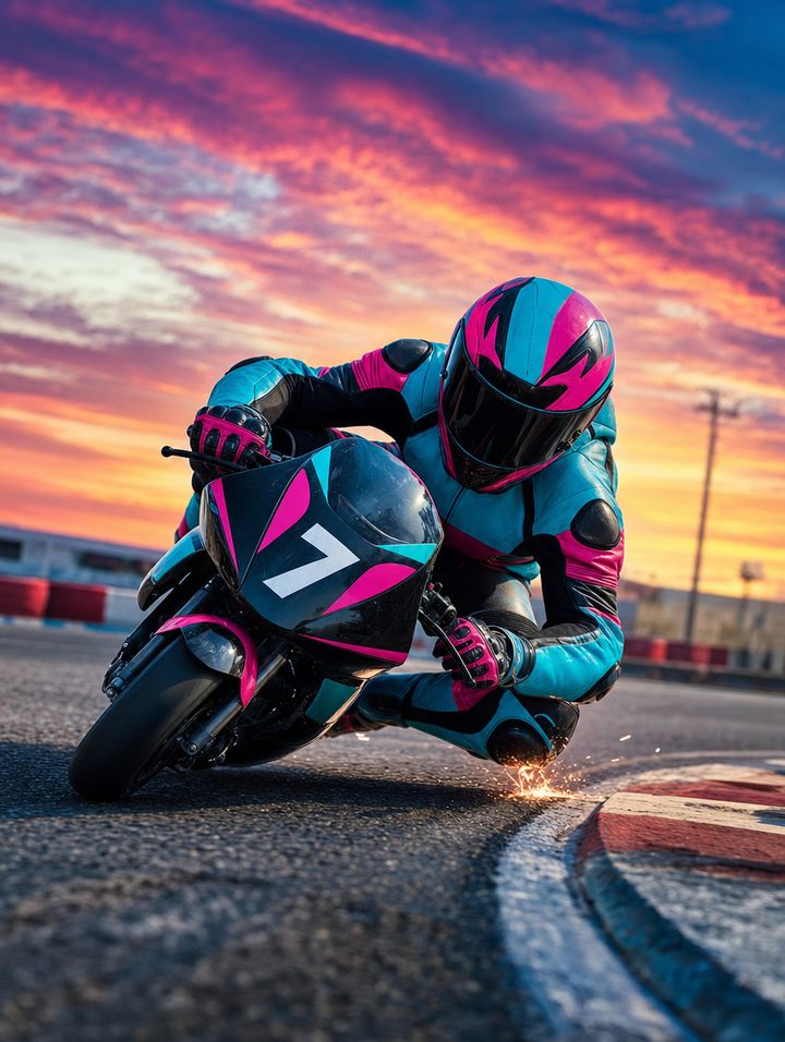 Fahrer in cyan-magentafarbener Lederkombi auf einem Pocketbike, Knie am Boden, Funken am Knieschleifer, Sonnenuntergang