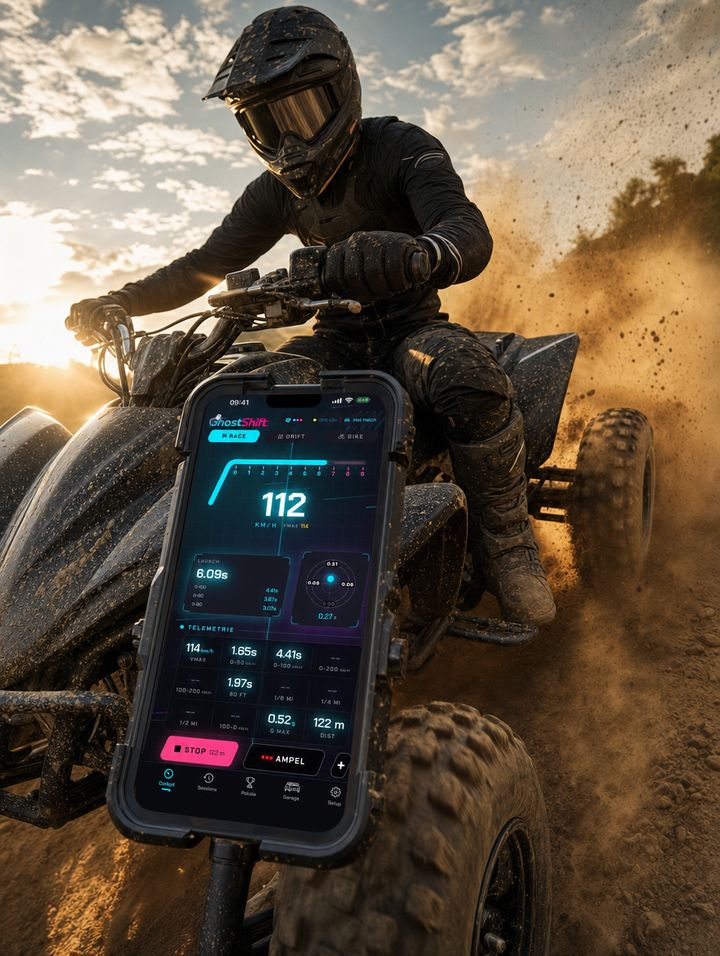 Ein Quad driftet durch eine staubige Kurve, am Lenker das iPhone mit dem Design Midnight Tokyo